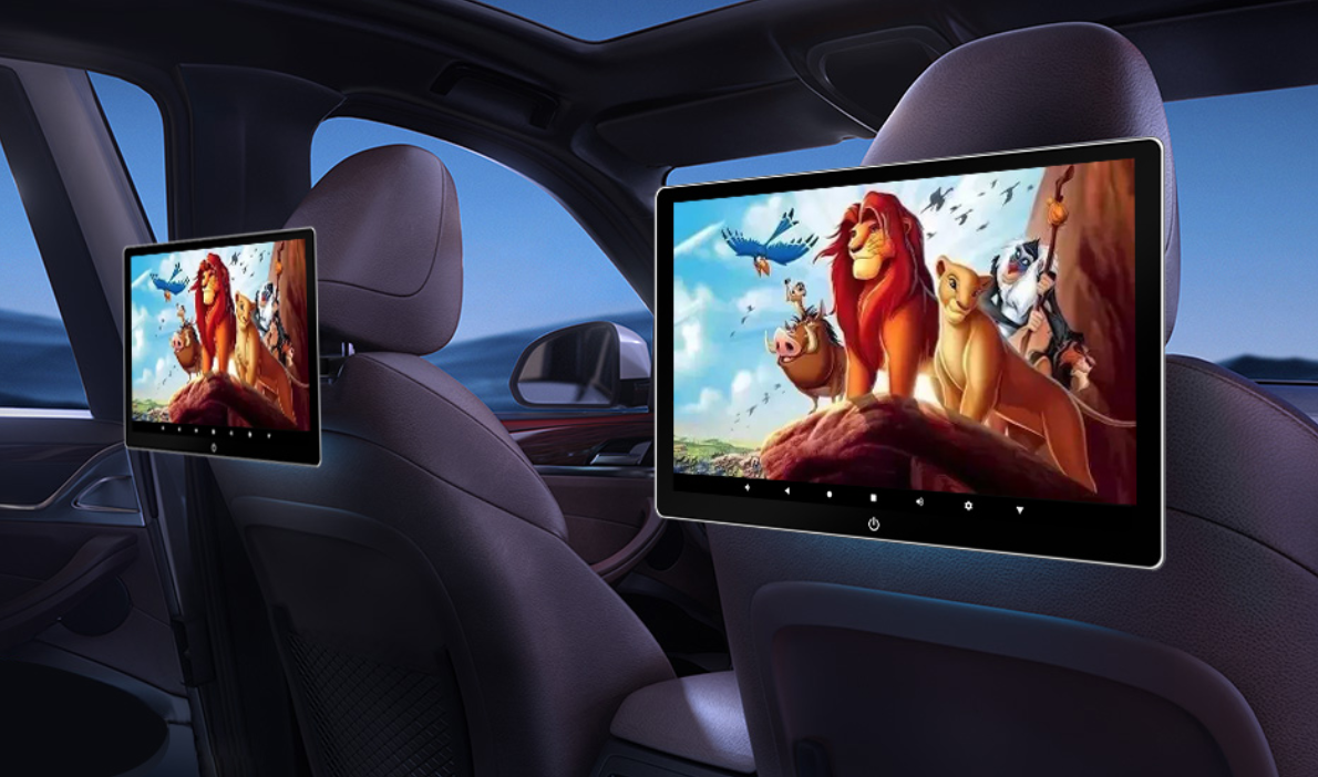 Rear seat 12 inch headrest monitor with Android for road trips"